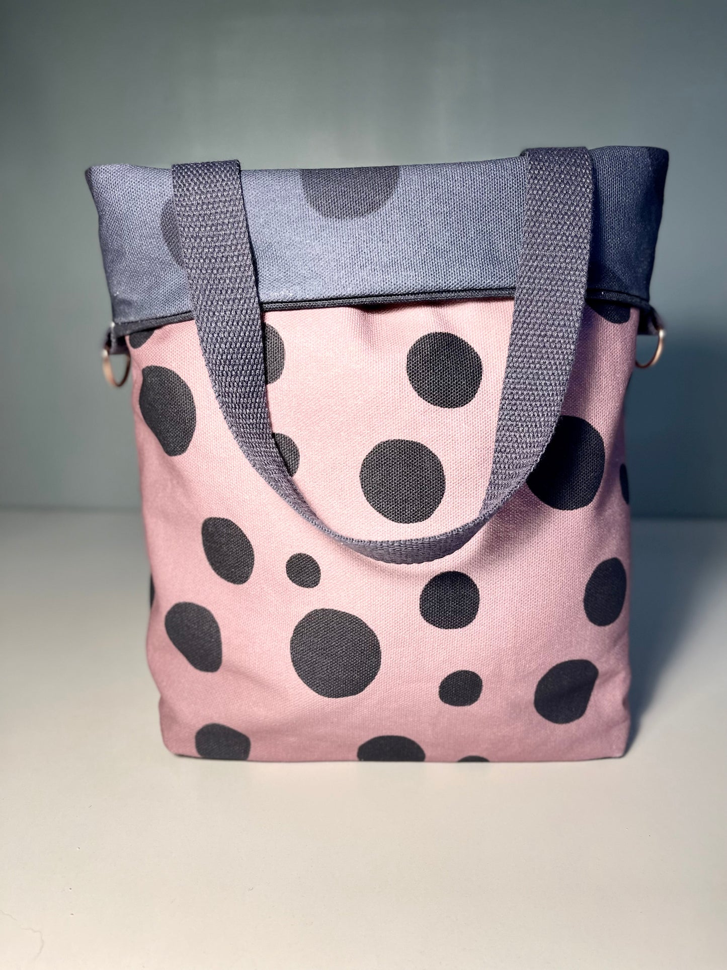 050 Organic Cotton Blush Pink/ Dark Blue Spots and Stripes Handbags