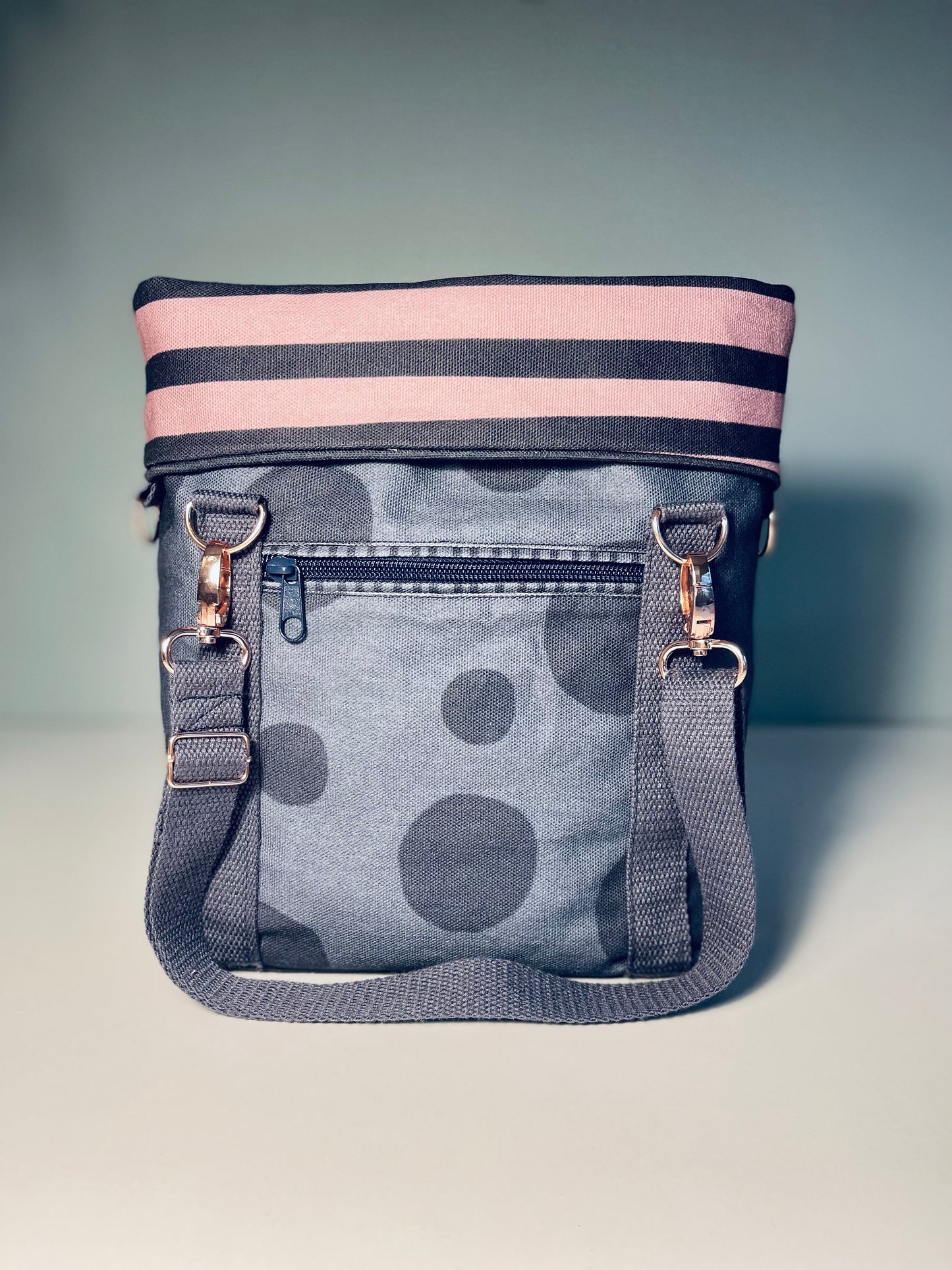 050 Organic Cotton Blush Pink/ Dark Blue Spots and Stripes Handbags