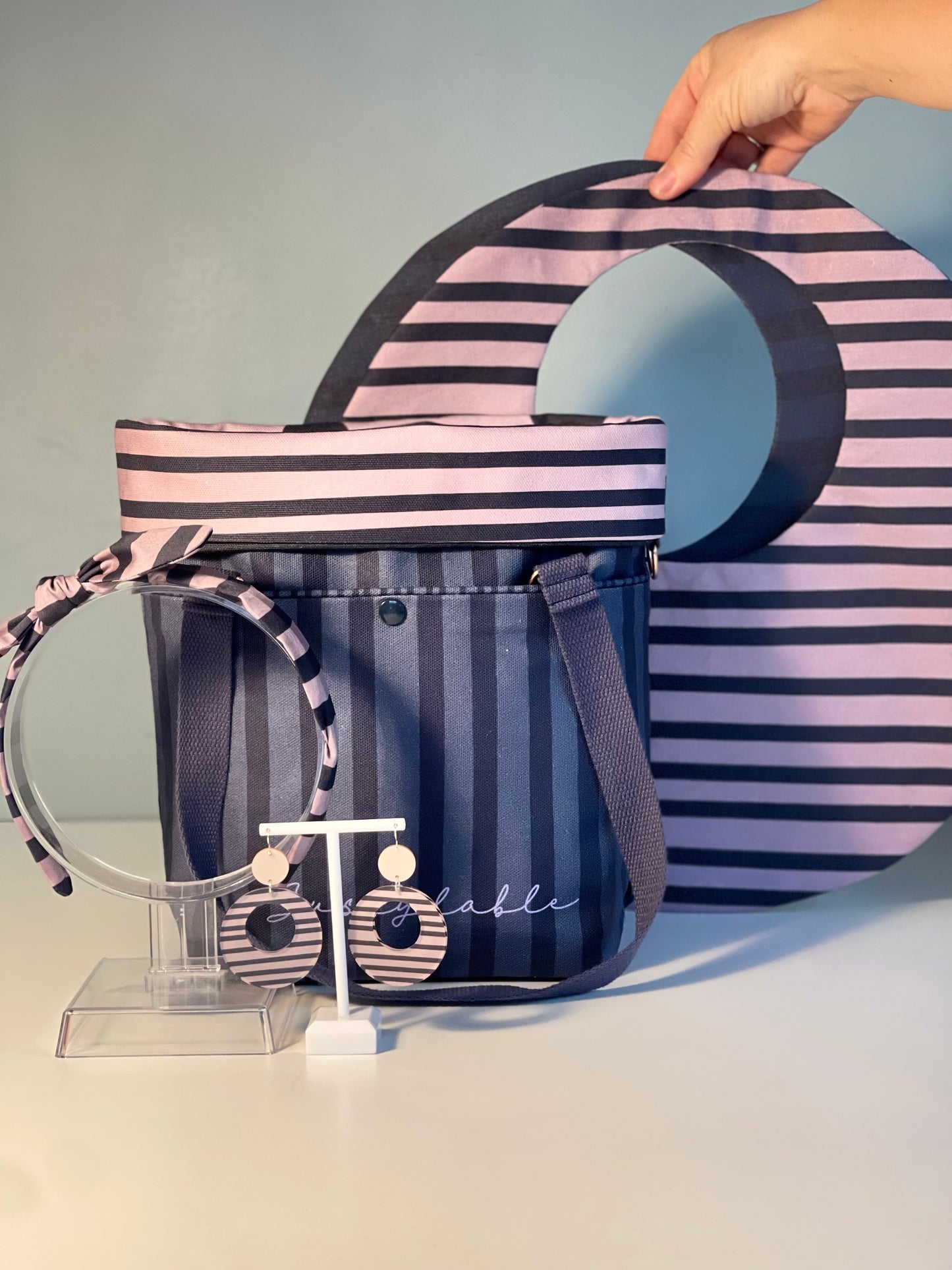 050 Organic Cotton Blush Pink/ Dark Blue Spots and Stripes Handbags