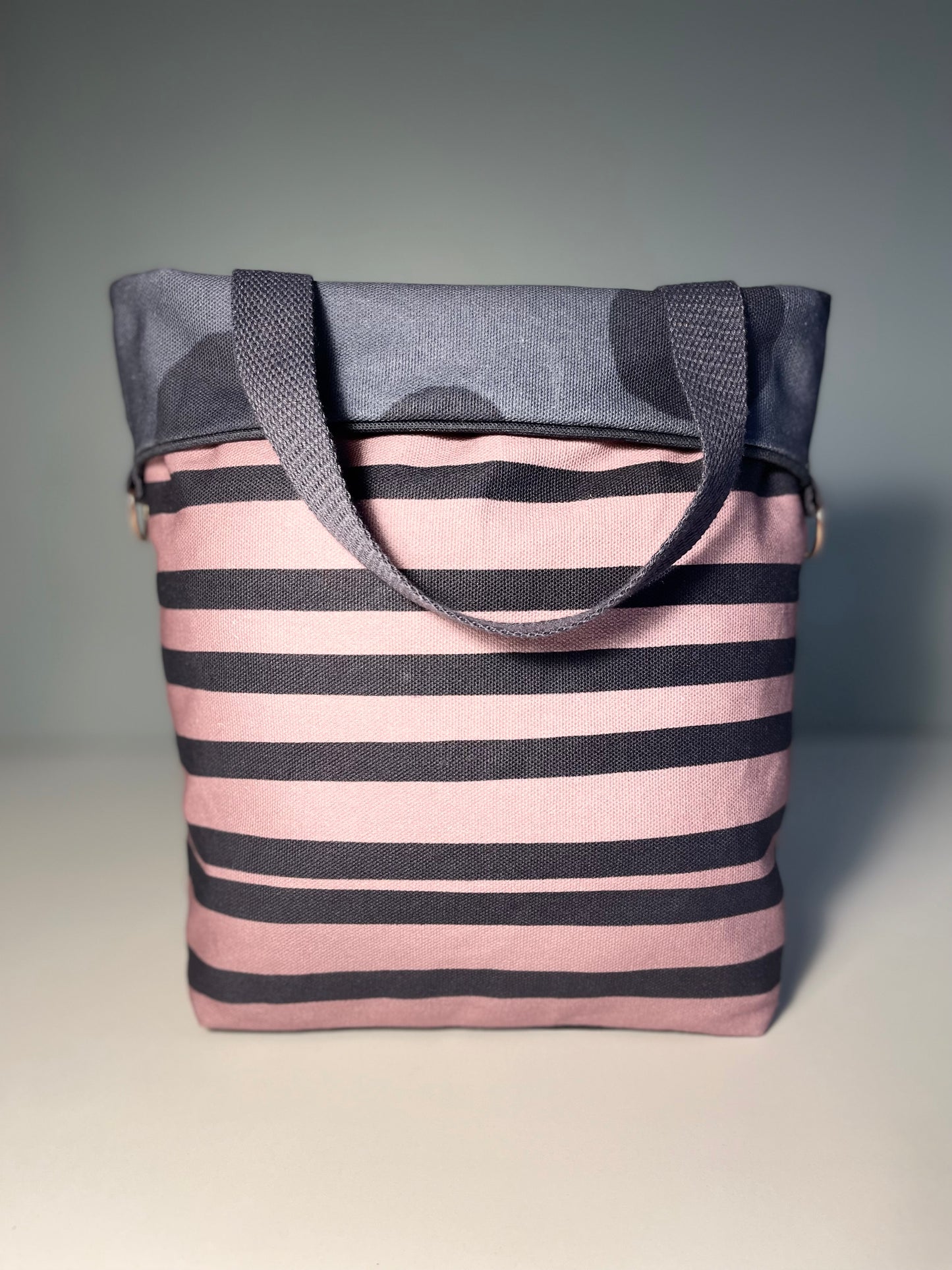 050 Organic Cotton Blush Pink/ Dark Blue Spots and Stripes Handbags