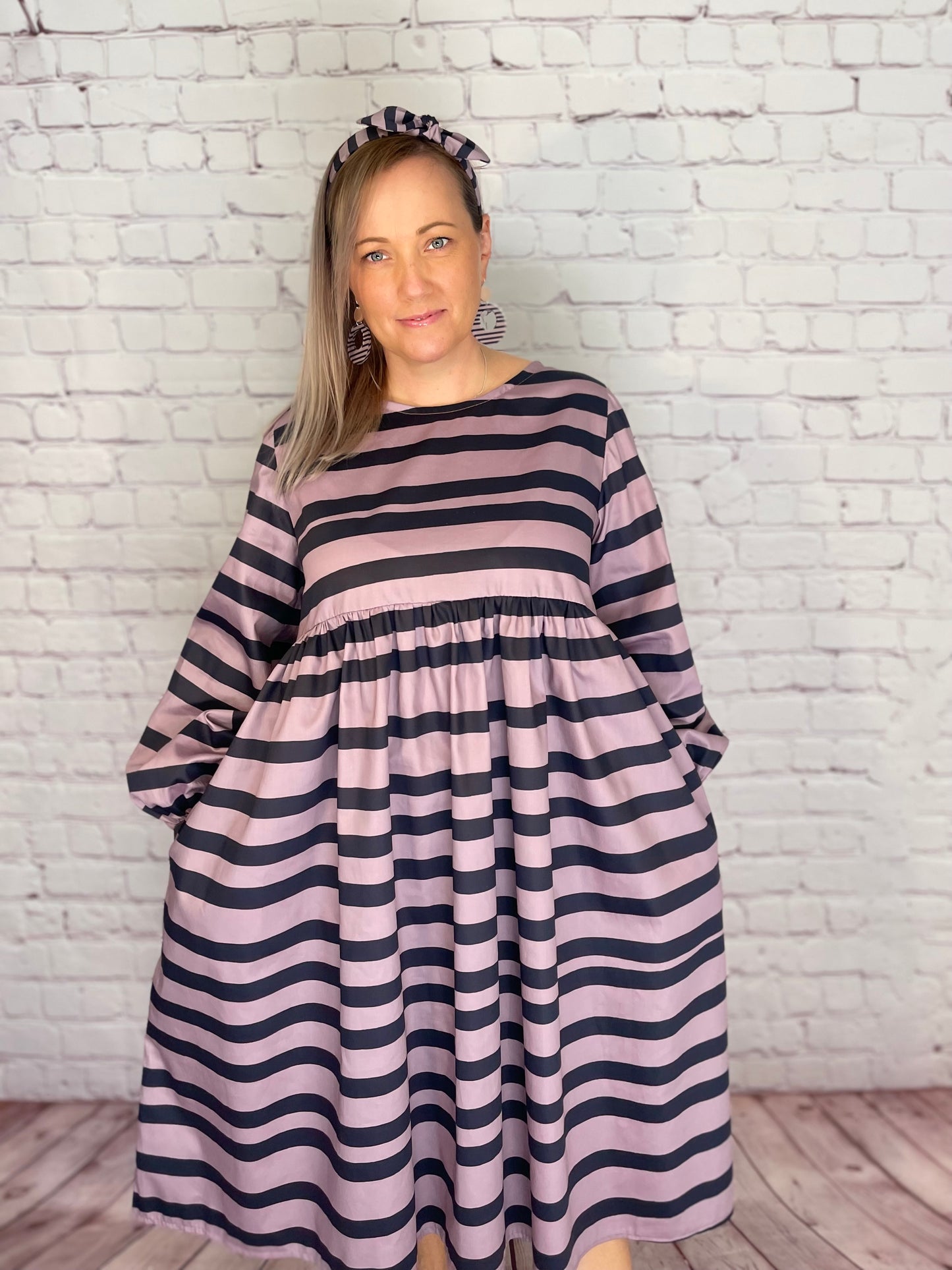 051 DESIGN YOUR OWN Organic Cotton Blush Pink/ Dark Blue Striped Dress