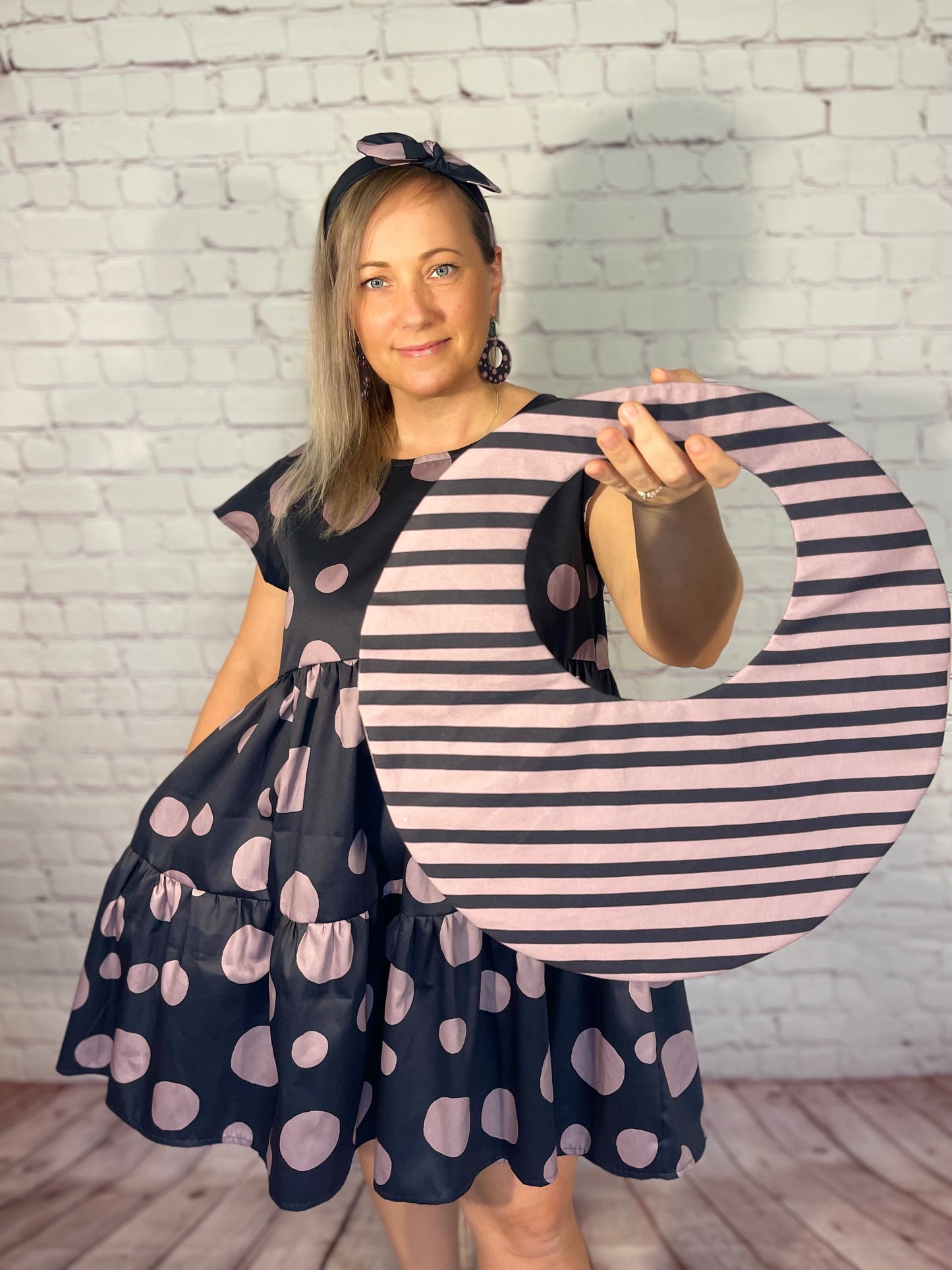 050 Organic Cotton Blush Pink/ Dark Blue Spots and Stripes Handbags