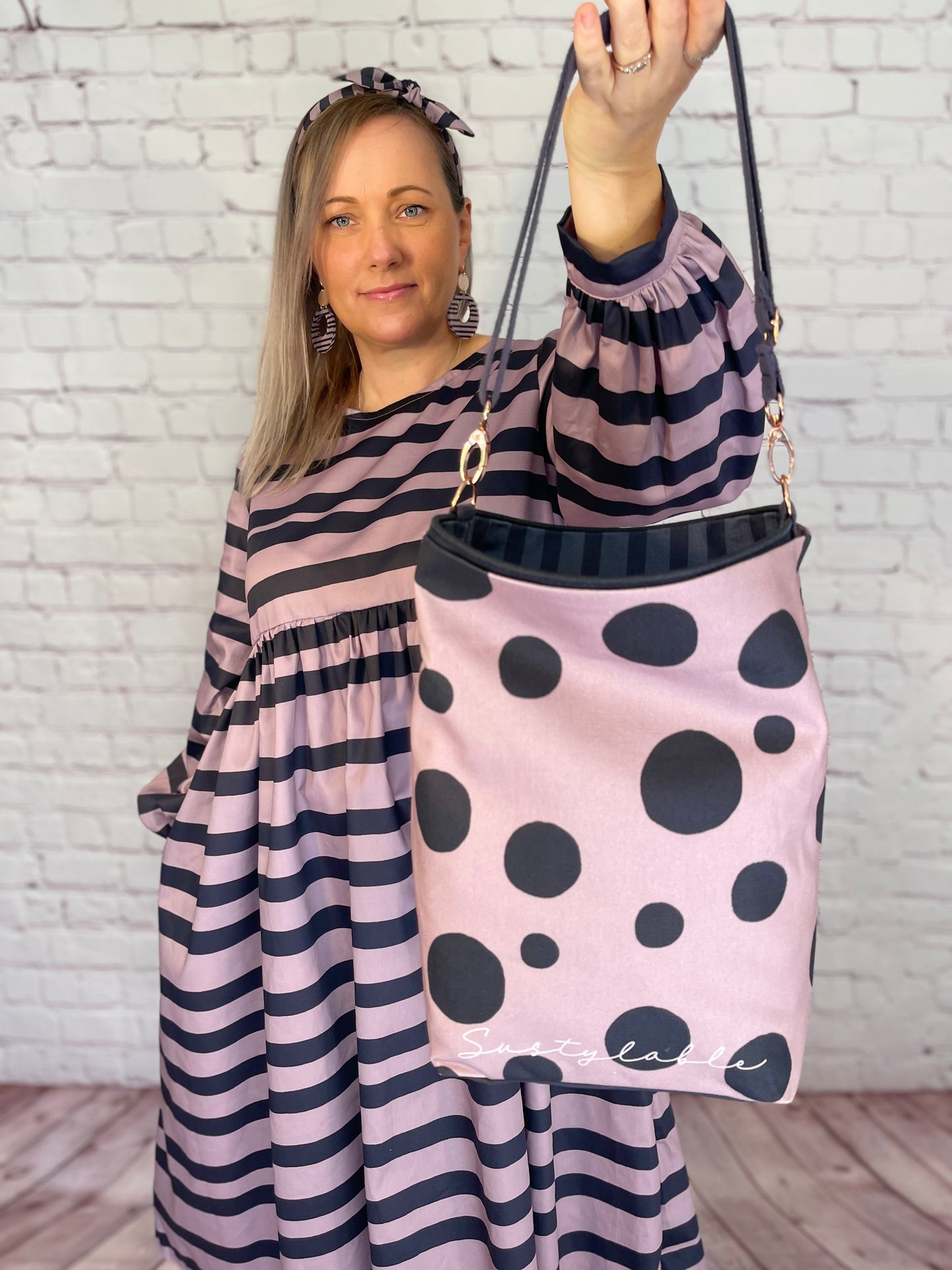 050 Organic Cotton Blush Pink/ Dark Blue Spots and Stripes Handbags