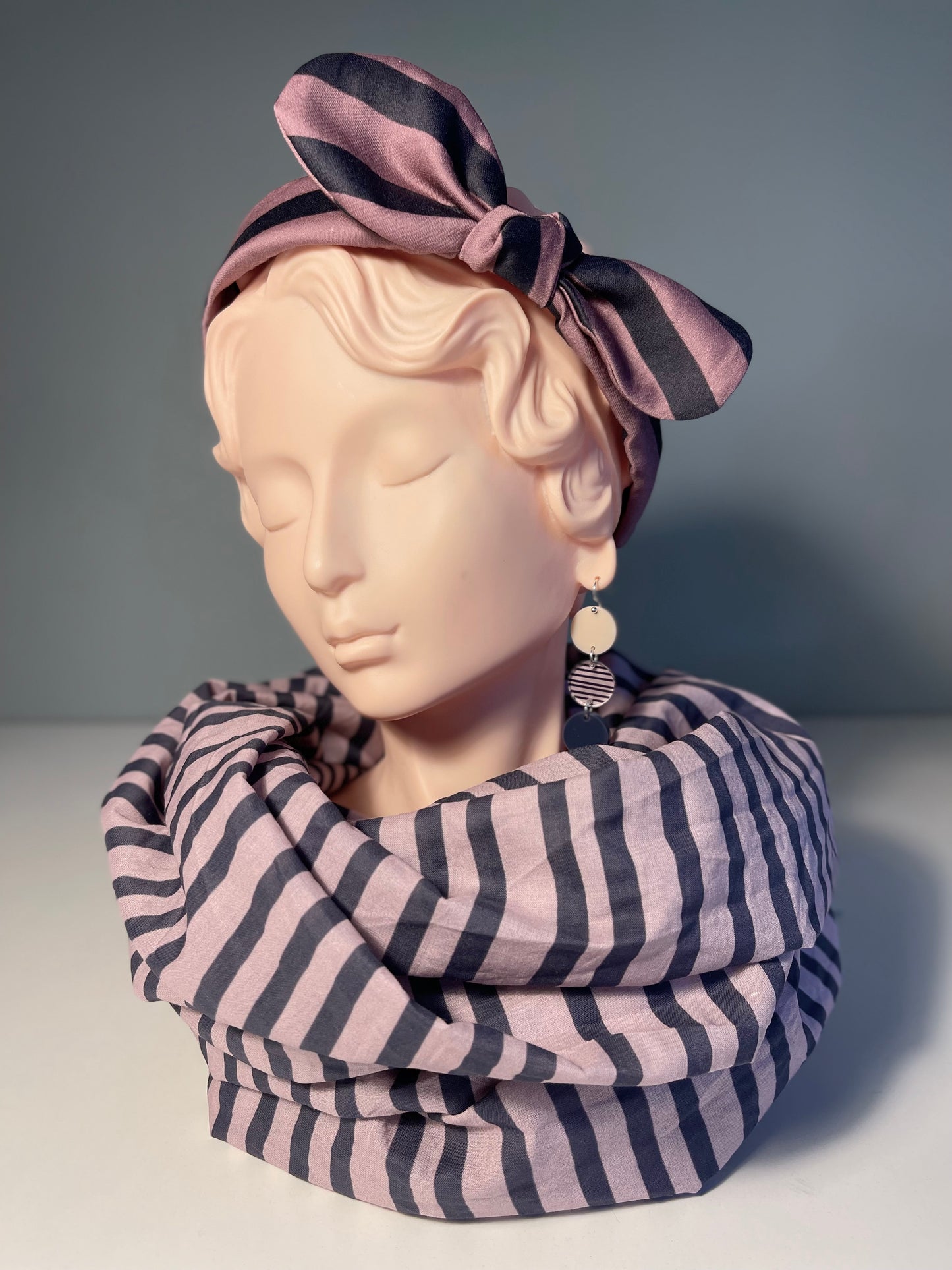 048 Organic Cotton Dark Pink/ Navy Spots and Stripes Headband