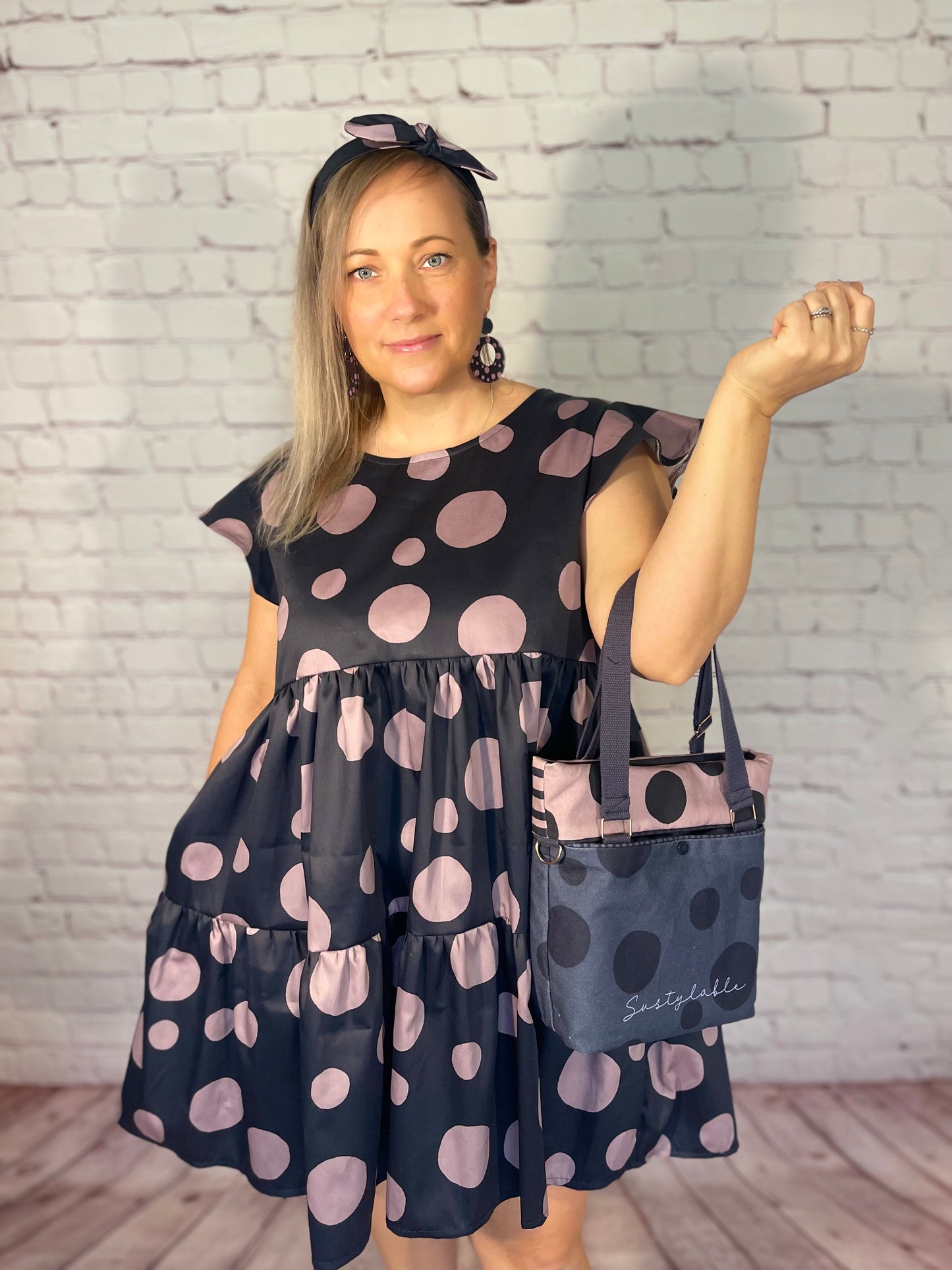 050 Organic Cotton Blush Pink/ Dark Blue Spots and Stripes Handbags