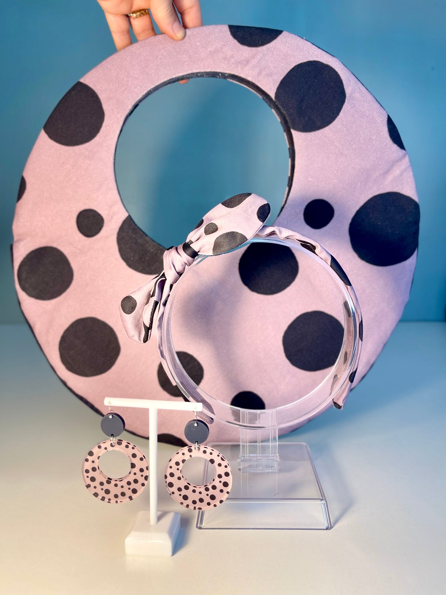 050 Organic Cotton Blush Pink/ Dark Blue Spots and Stripes Handbags
