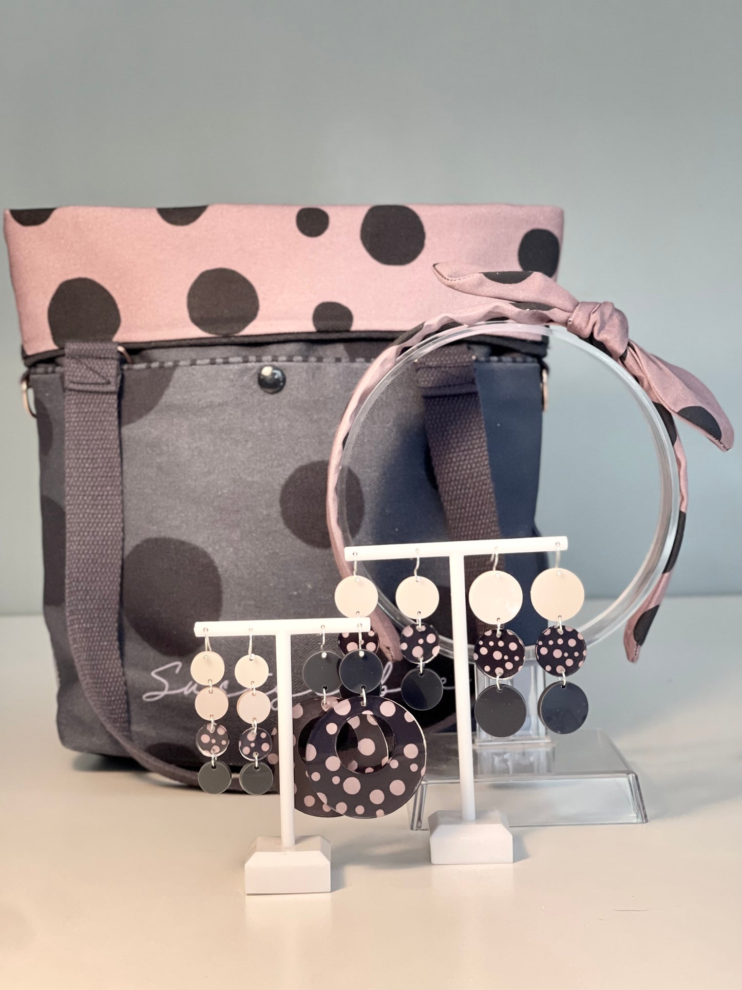 048 Organic Cotton Dark Pink/ Navy Spots and Stripes Headband