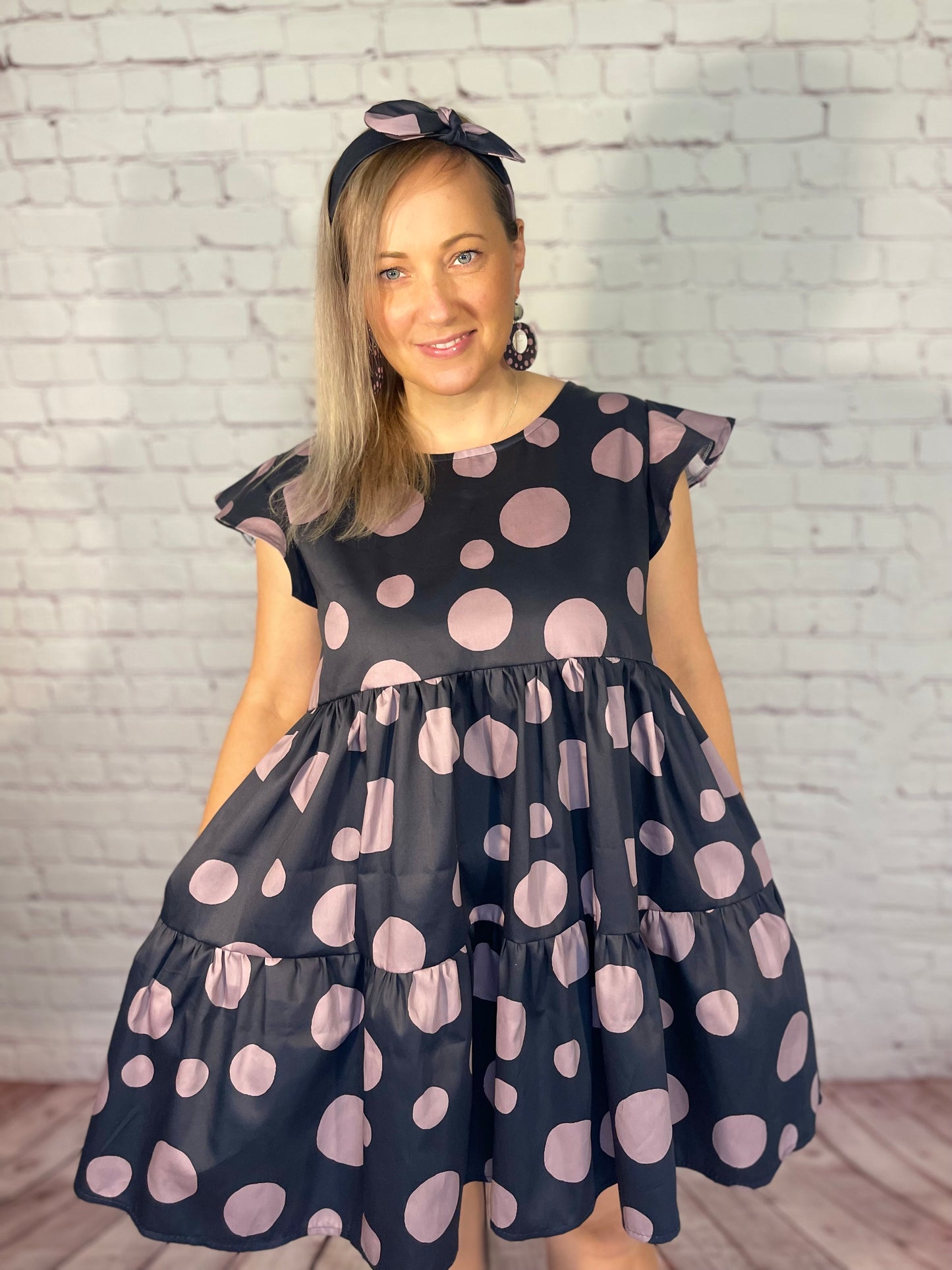 053 DESIGN YOUR OWN Organic Cotton Dark Blue/ Blush Pink Polka Dot Dress