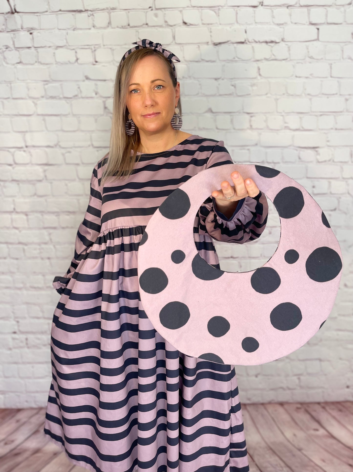 050 Organic Cotton Blush Pink/ Dark Blue Spots and Stripes Handbags