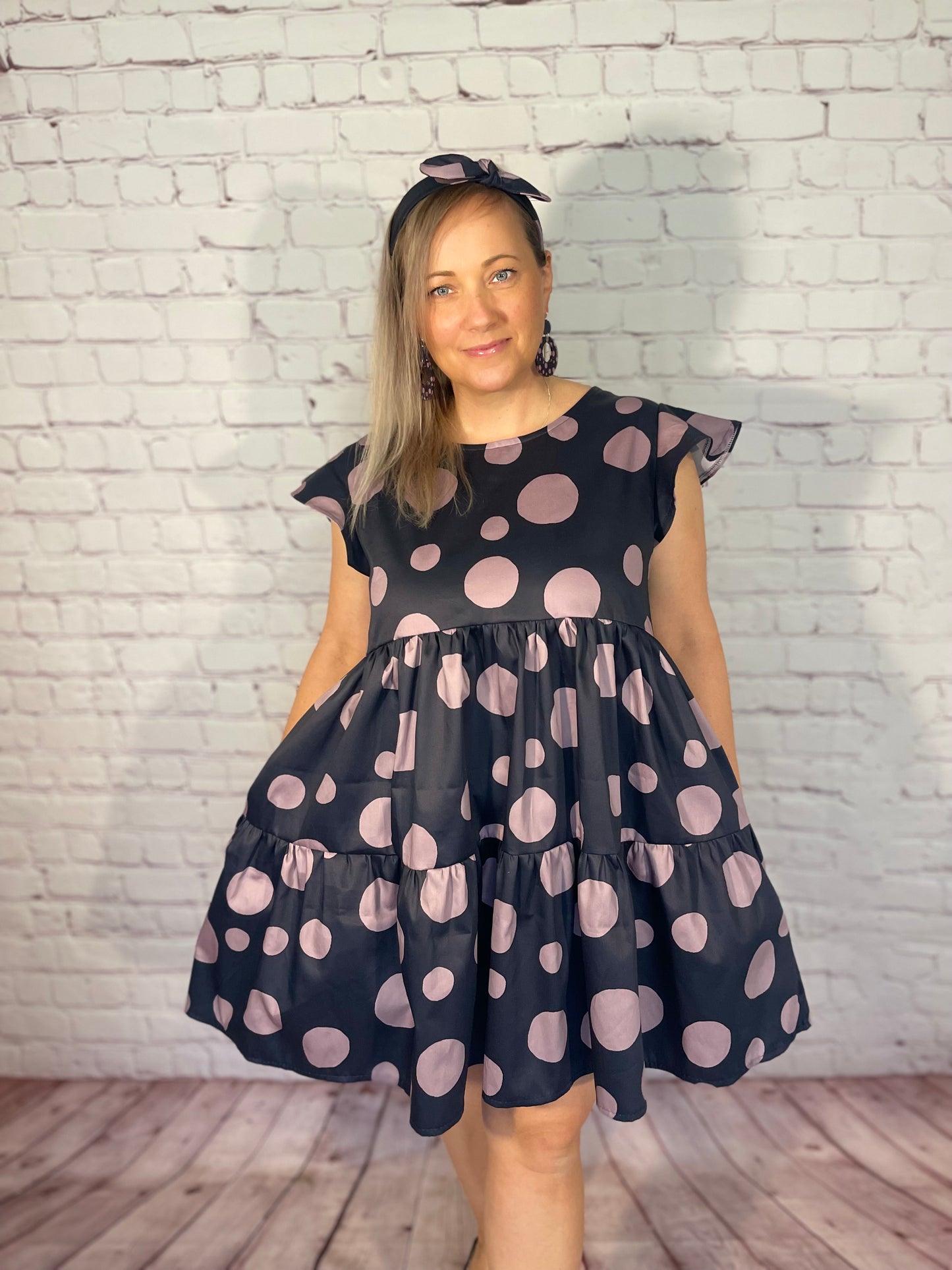 053 DESIGN YOUR OWN Organic Cotton Dark Blue/ Blush Pink Polka Dot Dress