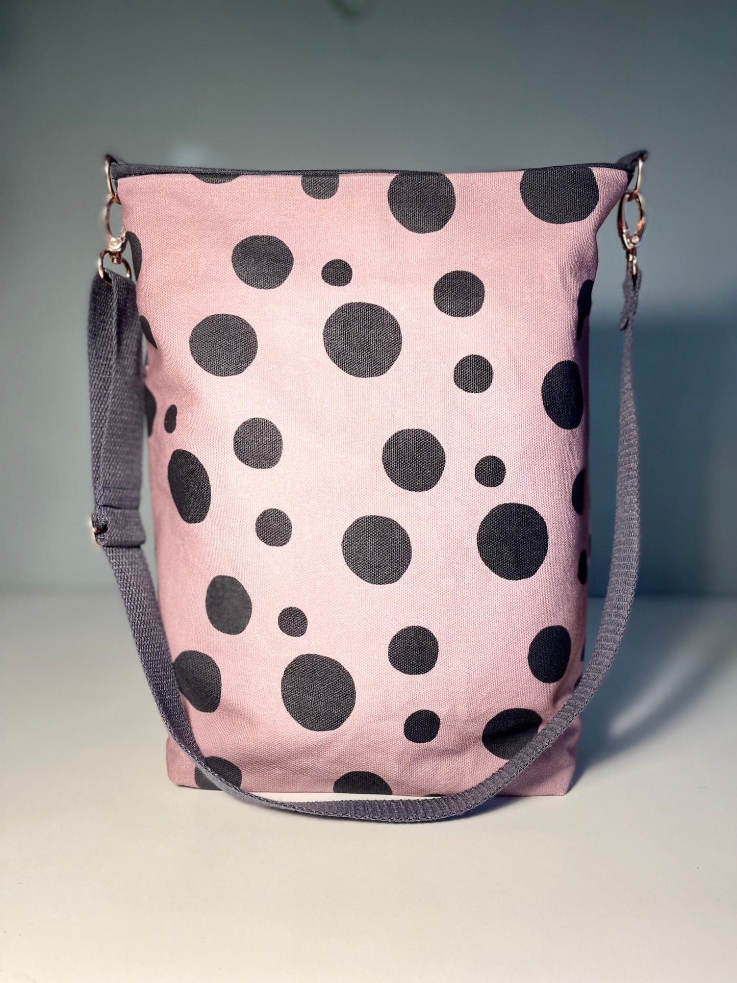 050 Organic Cotton Blush Pink/ Dark Blue Spots and Stripes Handbags