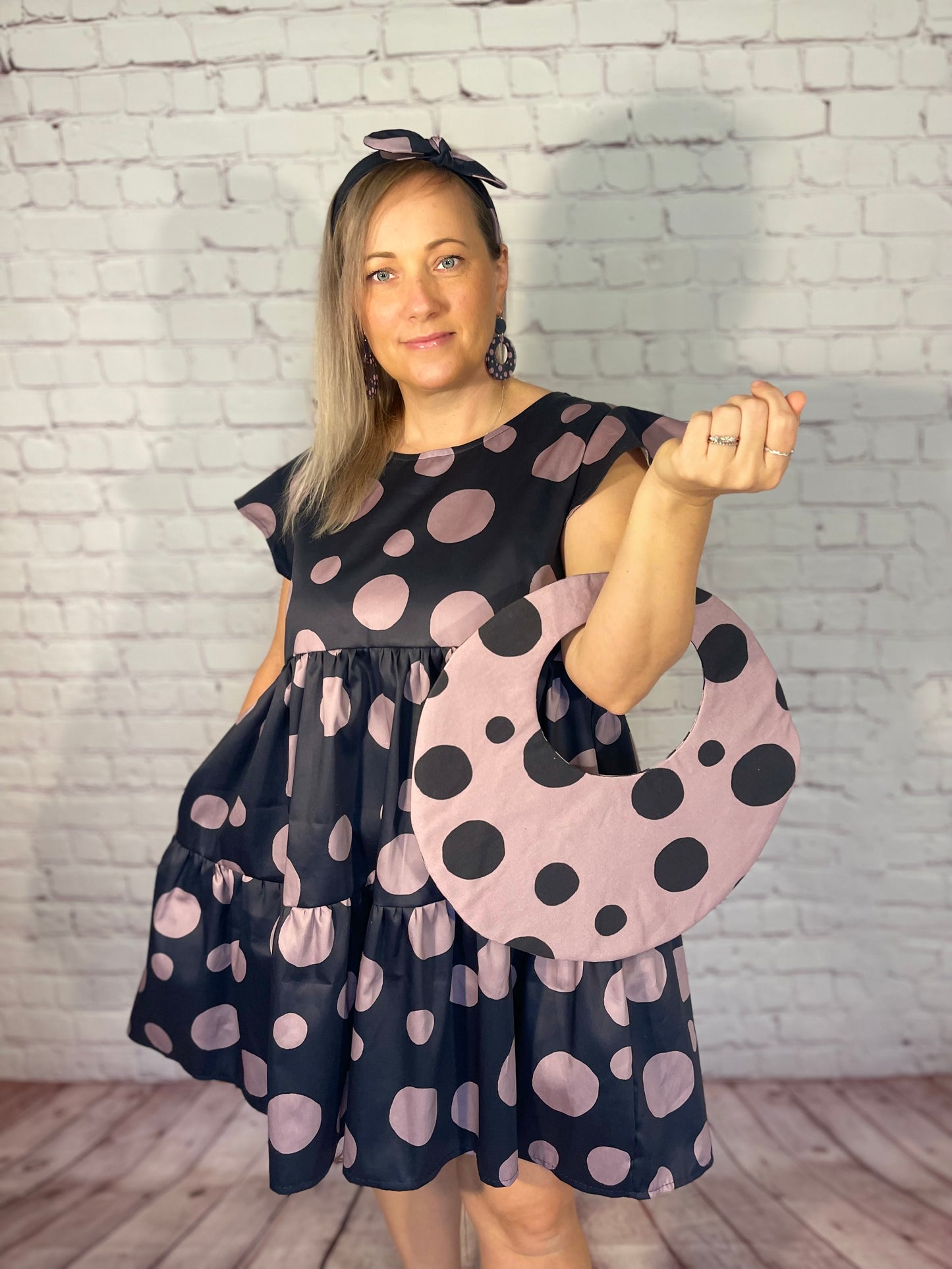 053 DESIGN YOUR OWN Organic Cotton Dark Blue/ Blush Pink Polka Dot Dress