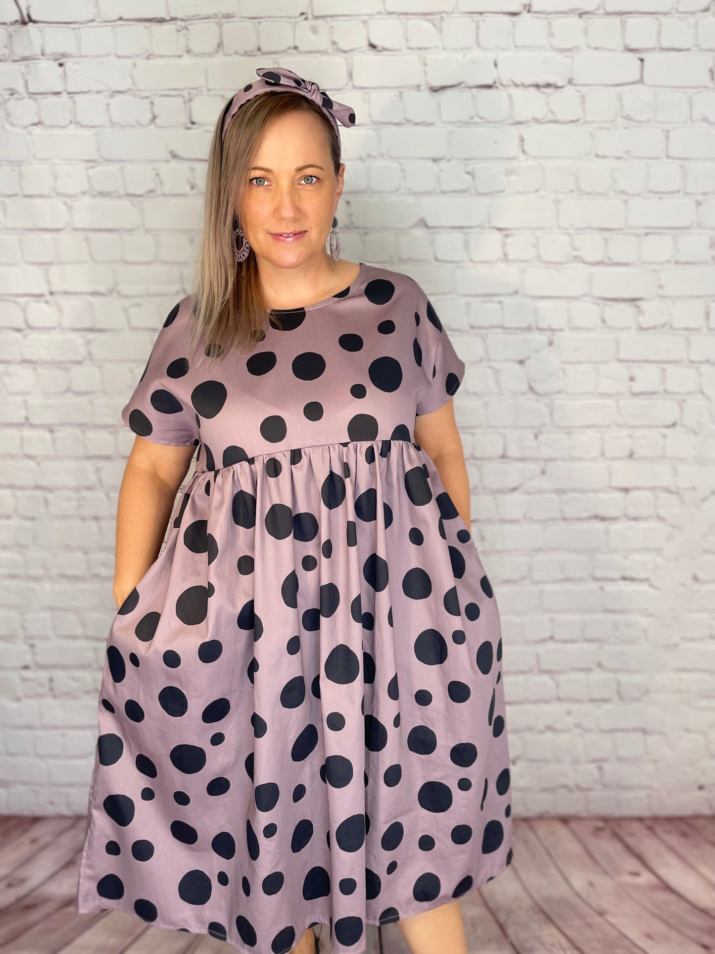 052 DESIGN YOUR OWN Organic Cotton Blush Pink/ Dark Blue Polka Dot Dress