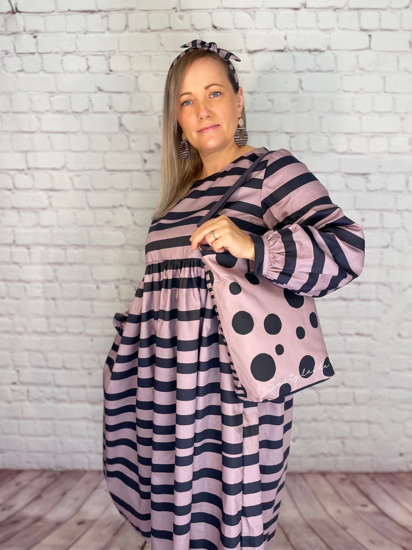 050 Organic Cotton Blush Pink/ Dark Blue Spots and Stripes Handbags