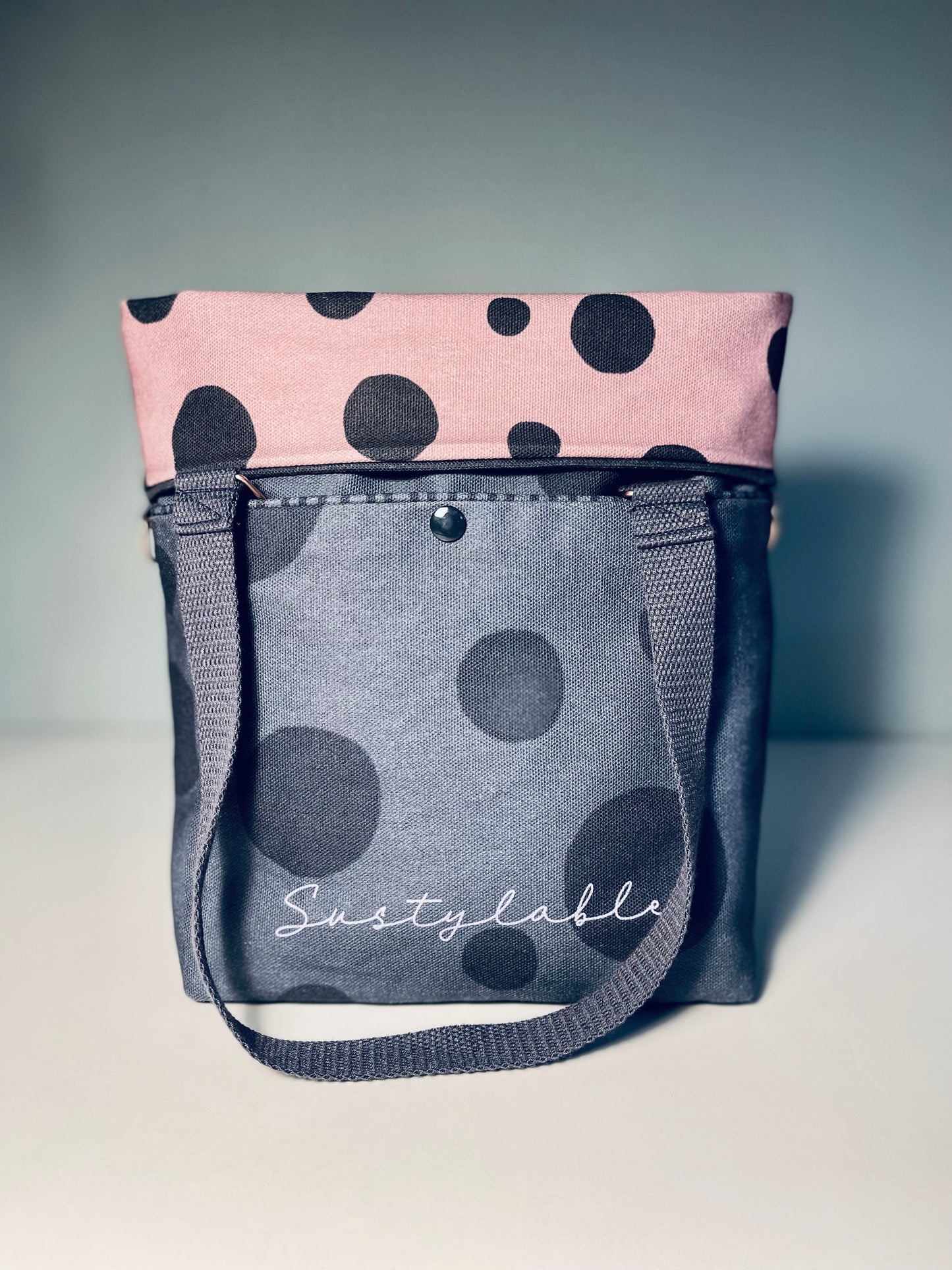 050 Organic Cotton Blush Pink/ Dark Blue Spots and Stripes Handbags