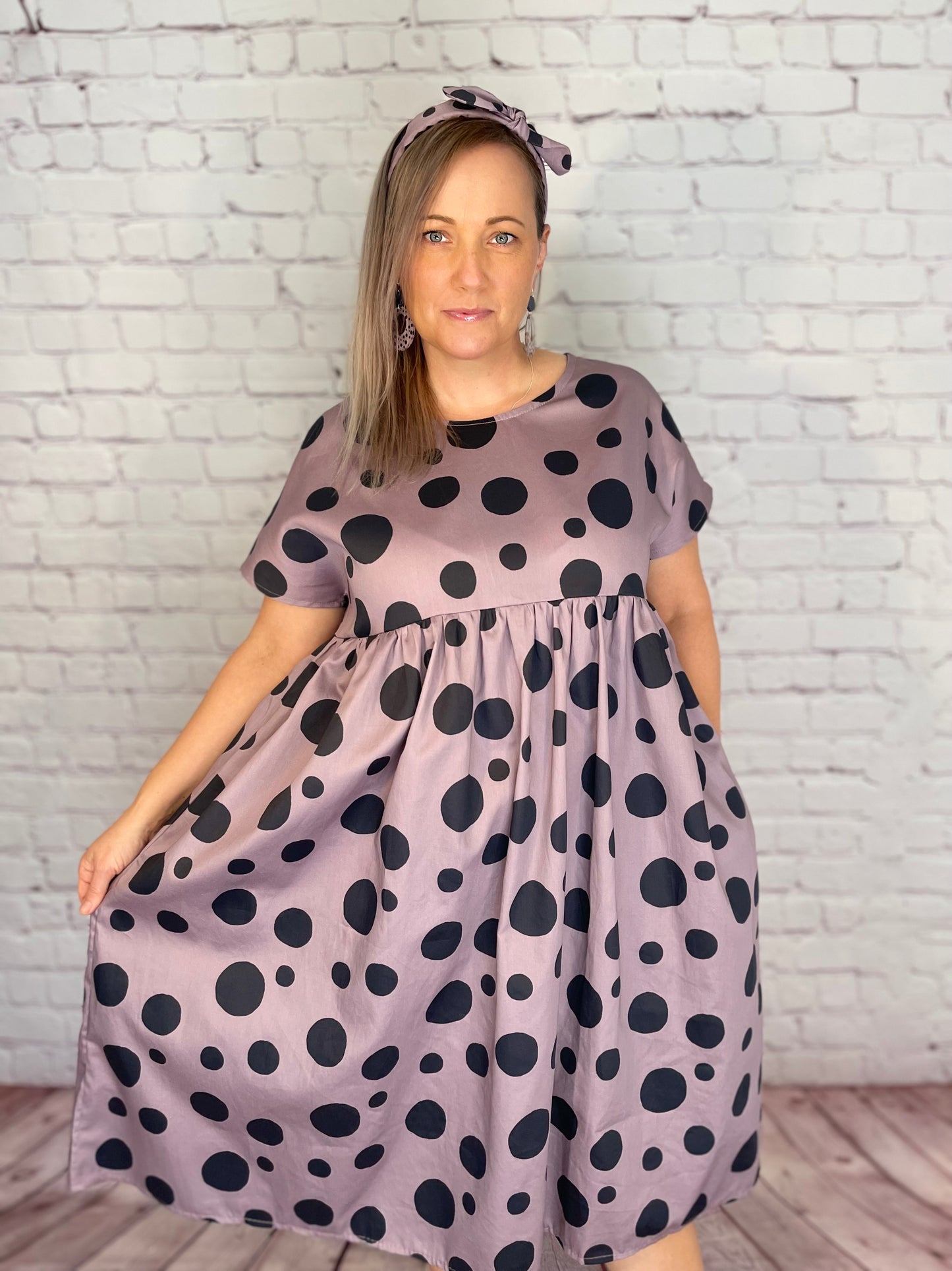 052 DESIGN YOUR OWN Organic Cotton Blush Pink/ Dark Blue Polka Dot Dress