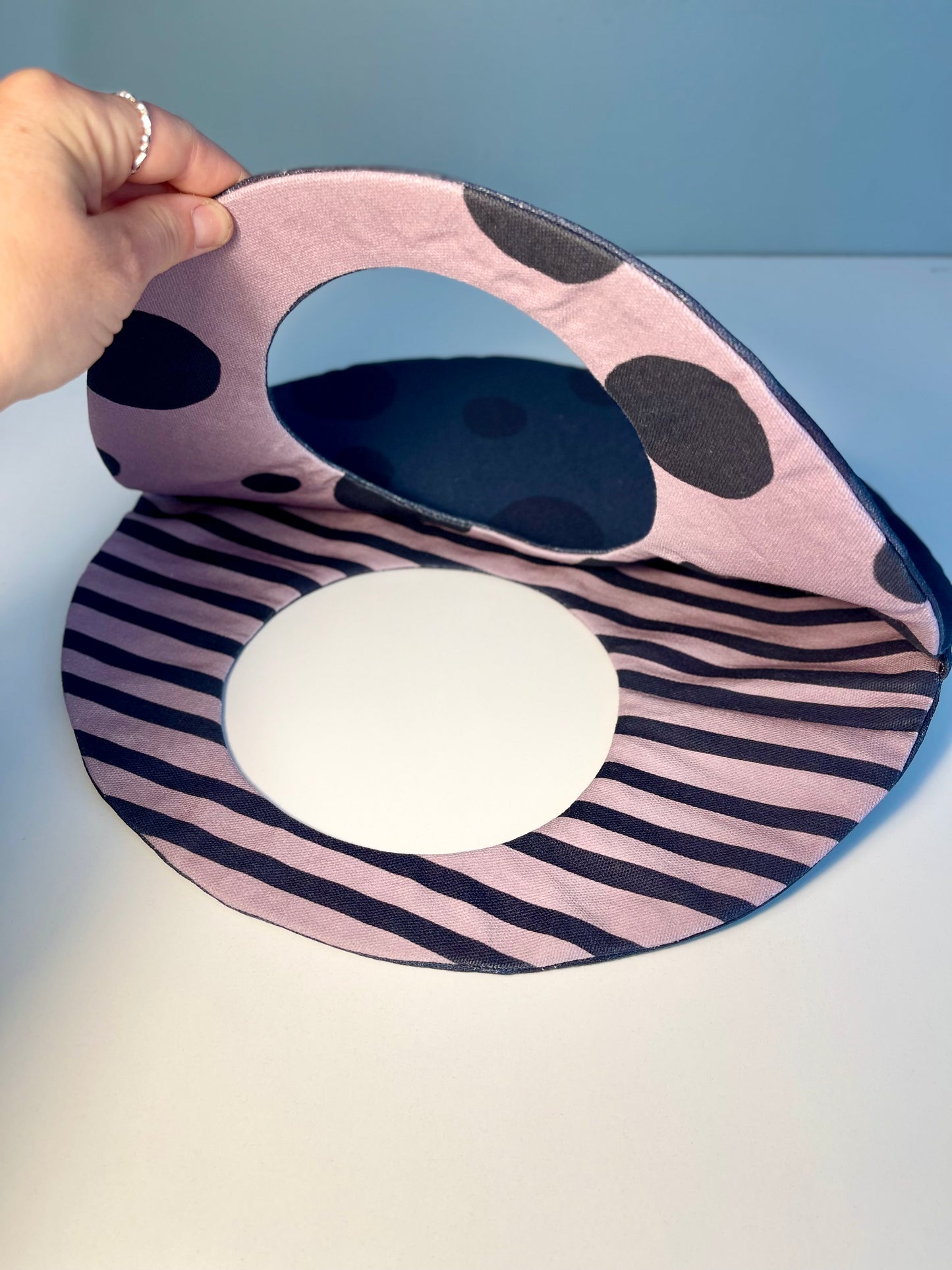 050 Organic Cotton Blush Pink/ Dark Blue Spots and Stripes Handbags
