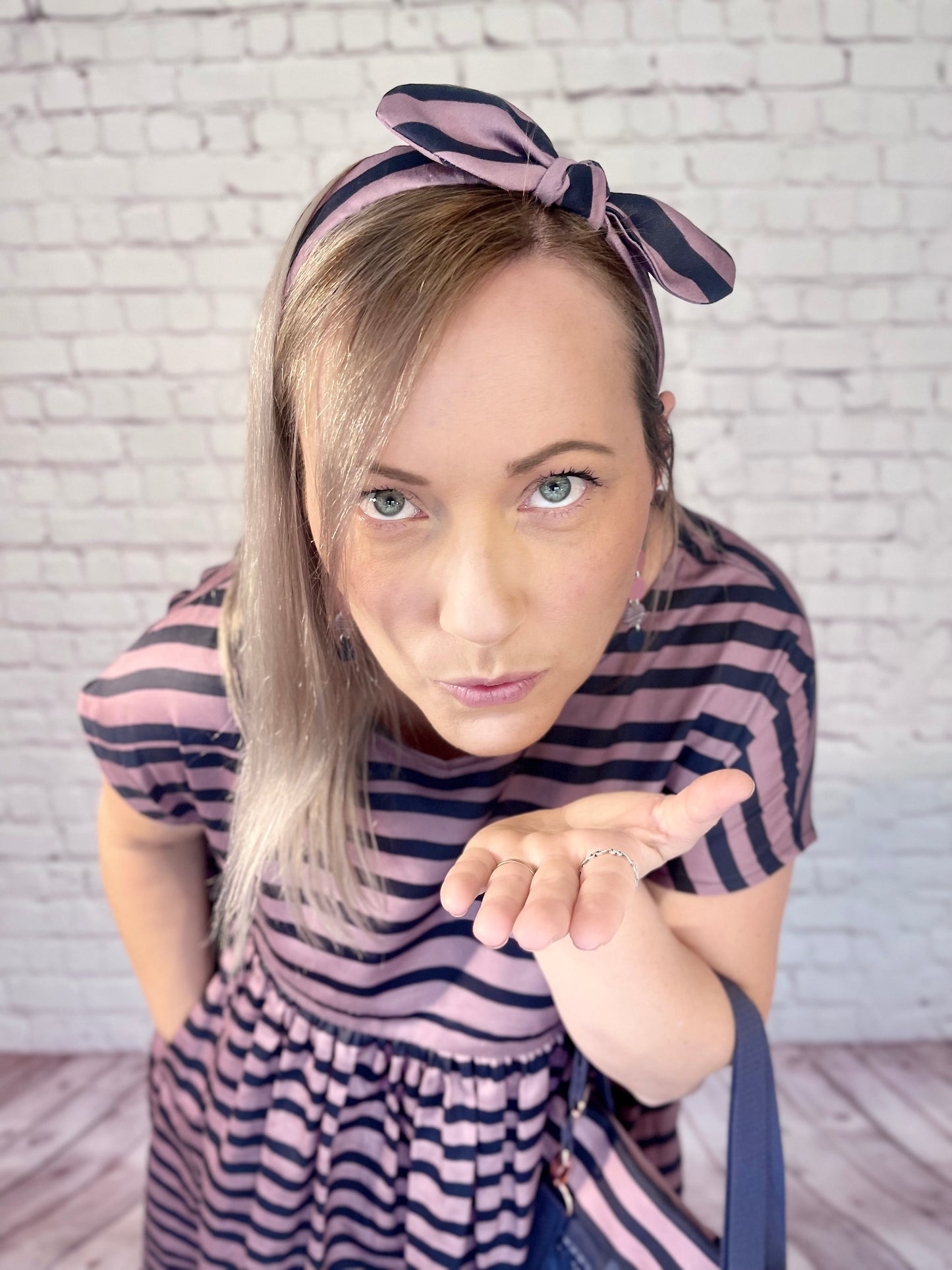 048 Organic Cotton Dark Pink/ Navy Spots and Stripes Headband