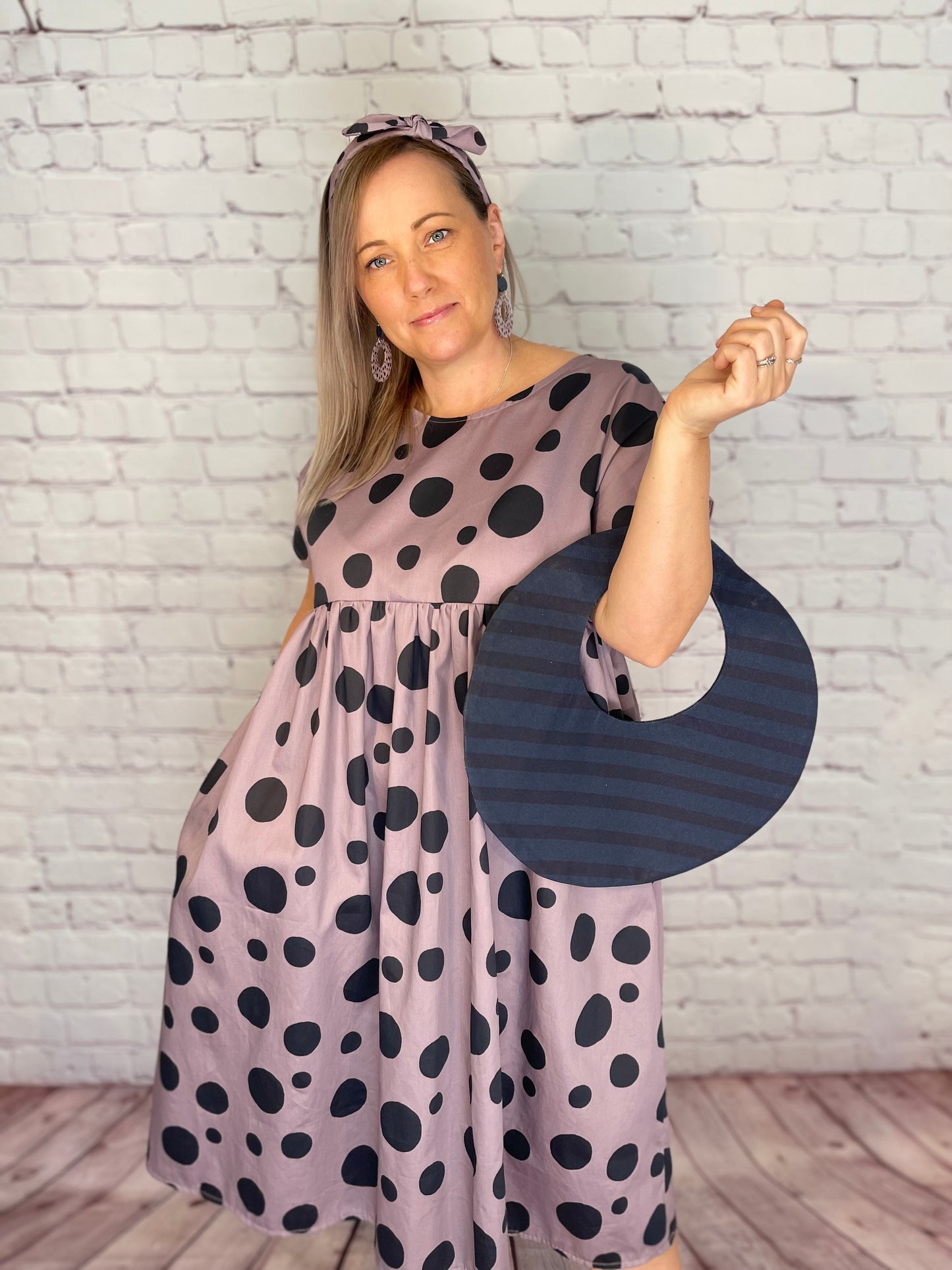 050 Organic Cotton Blush Pink/ Dark Blue Spots and Stripes Handbags