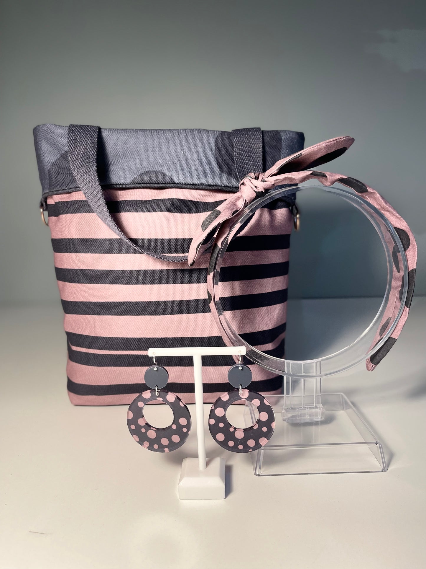 048 Organic Cotton Dark Pink/ Navy Spots and Stripes Headband
