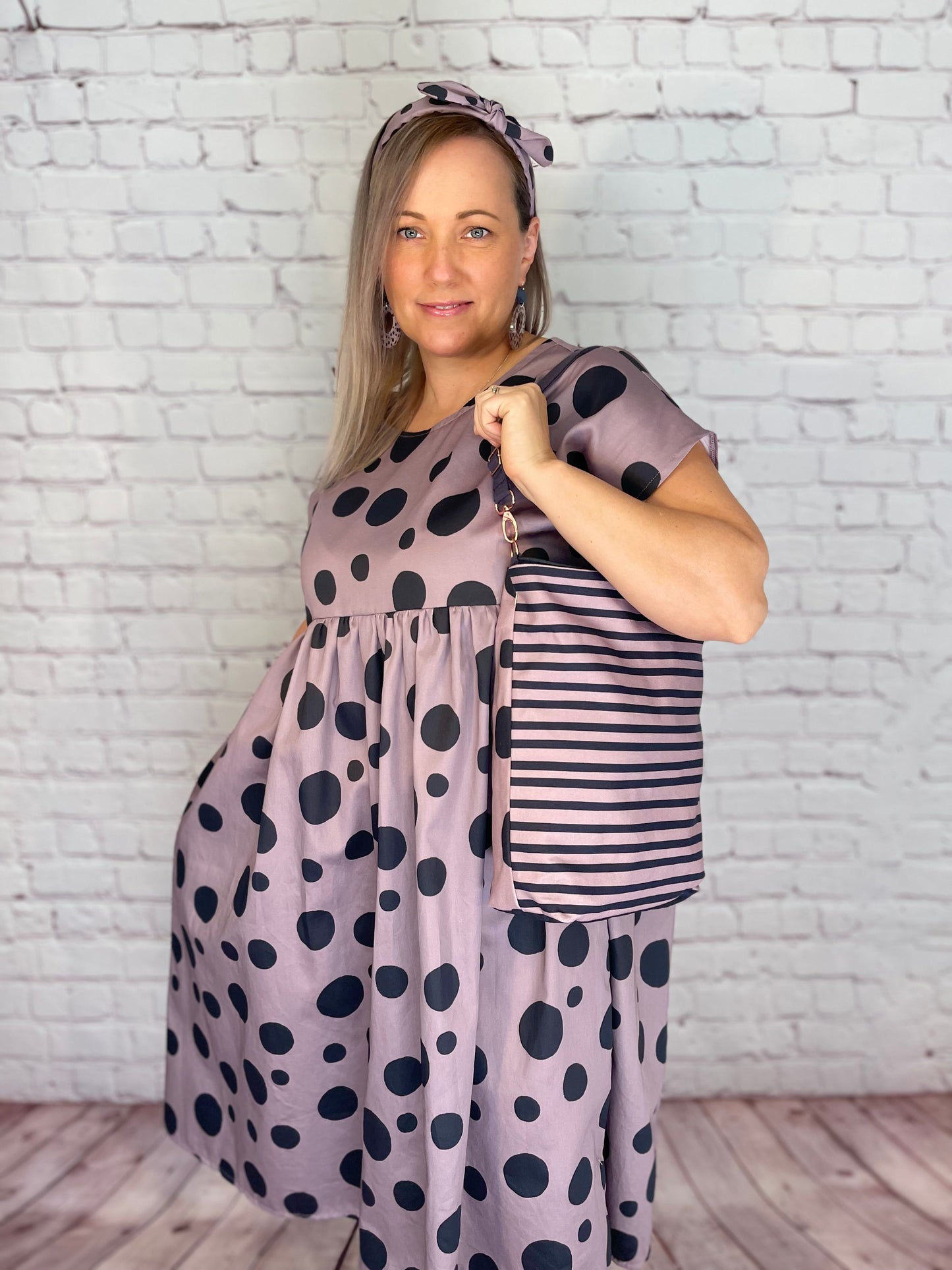 050 Organic Cotton Blush Pink/ Dark Blue Spots and Stripes Handbags