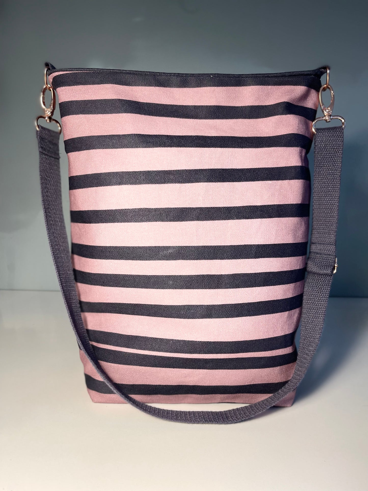 050 Organic Cotton Blush Pink/ Dark Blue Spots and Stripes Handbags