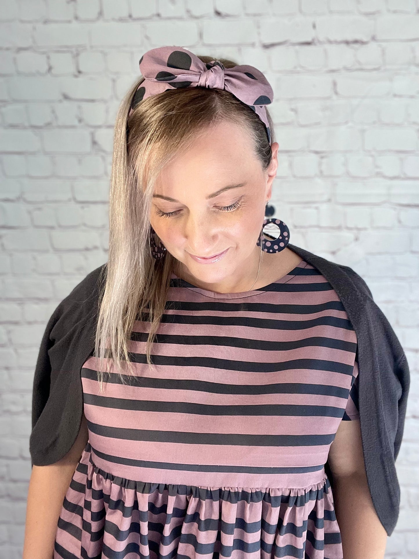 048 Organic Cotton Dark Pink/ Navy Spots and Stripes Headband