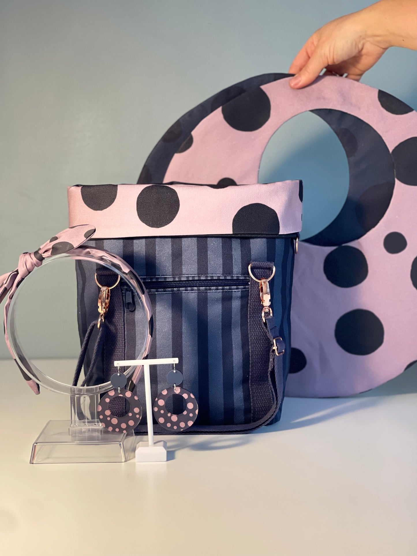 050 Organic Cotton Blush Pink/ Dark Blue Spots and Stripes Handbags